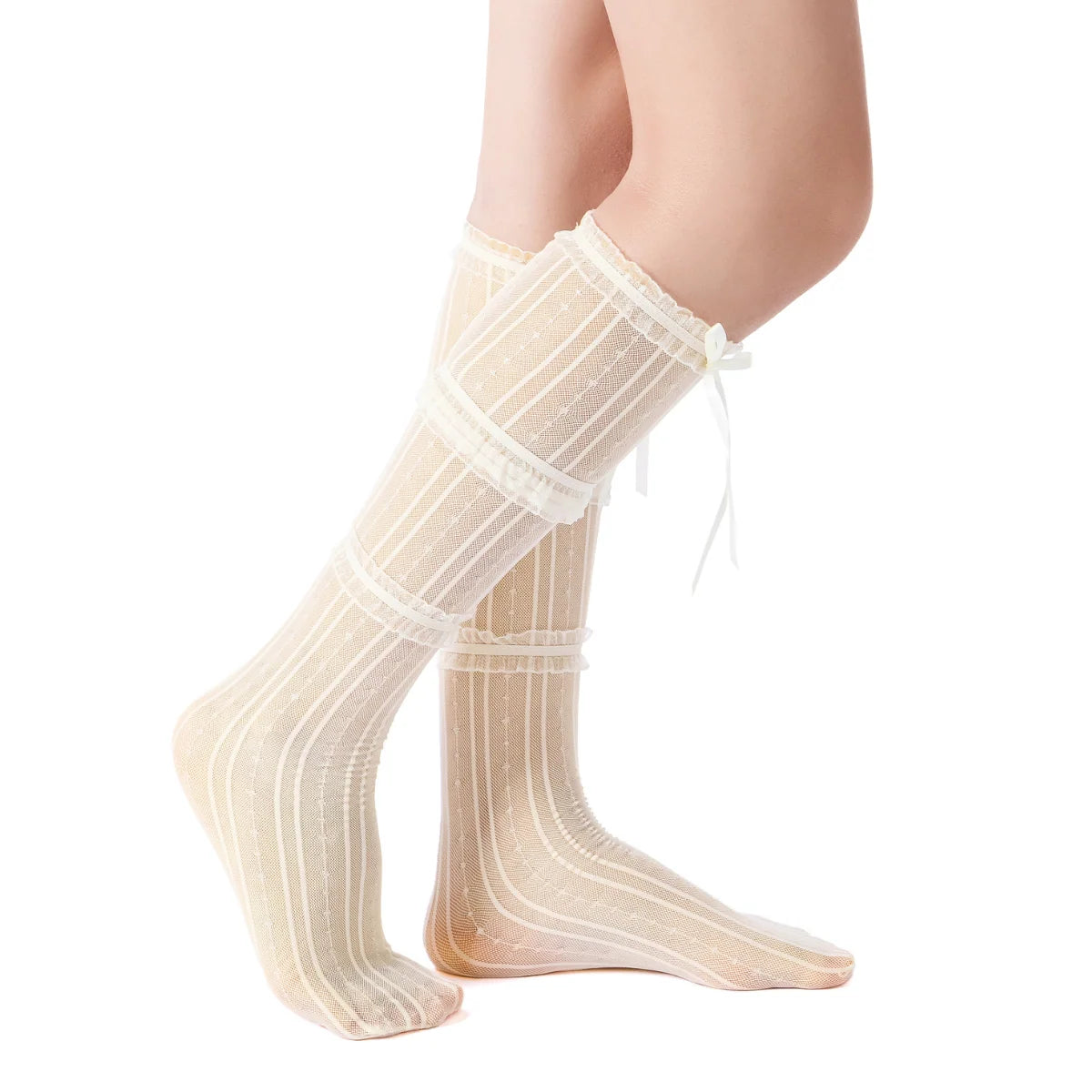 Chloe Layered Lace Knee-High Ribbon Sheer Sock | Beige
