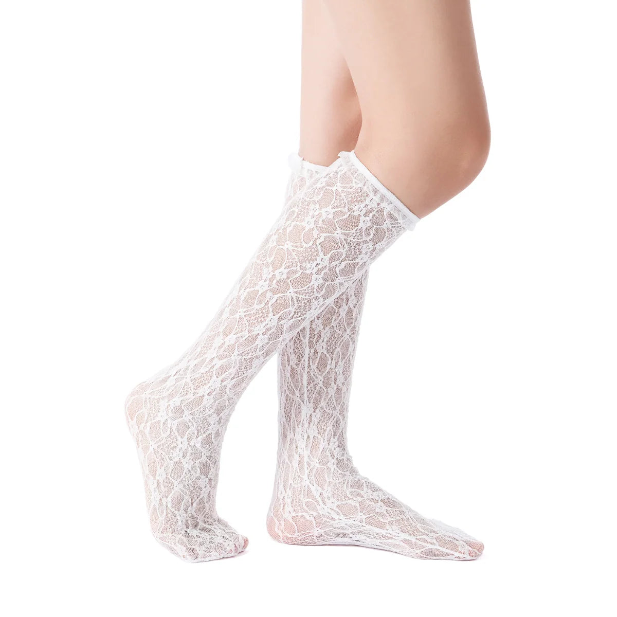 Vivienne Floral Lace Ruffle Edge Knee-High Sock | White Main image