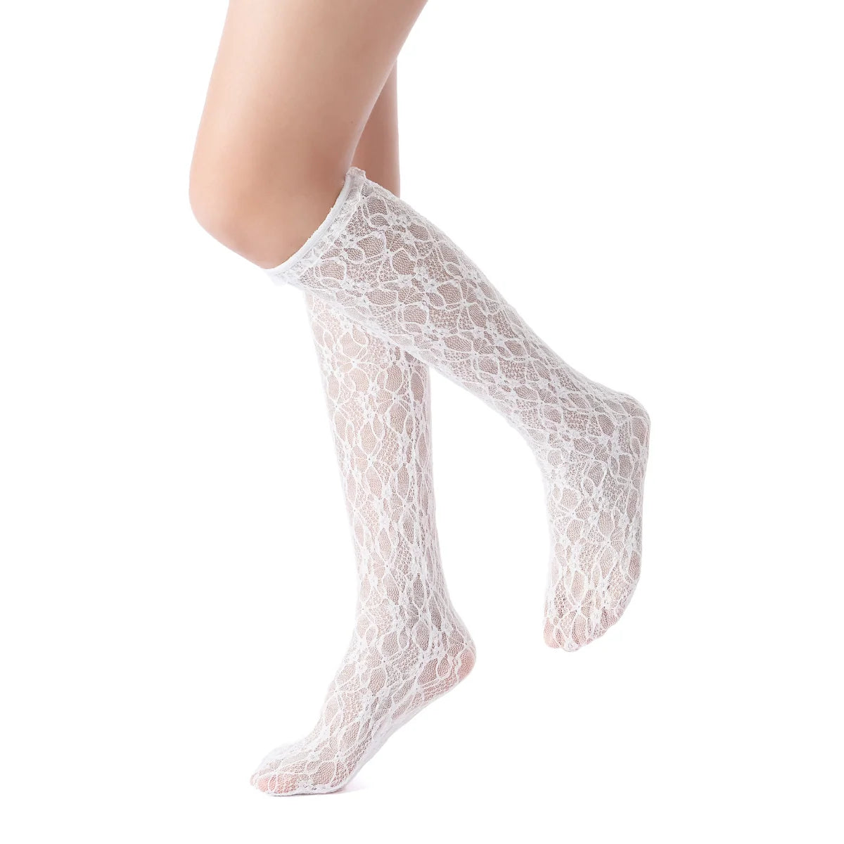 Vivienne Floral Lace Ruffle Edge Knee-High Sock | White Secondary image